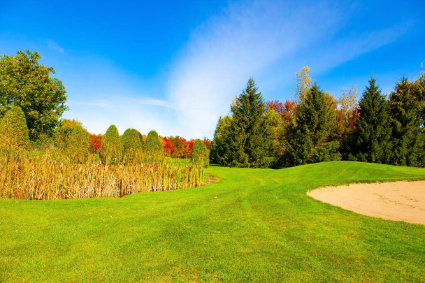 The magic of multicolored autumn. Well maintained golf course. The trees with green, red and yellow foliage. Quebec, Canada. Sunny day.  - Zdjęcie, obraz