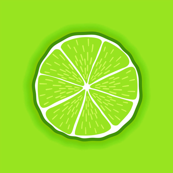 Vector fresh ripe round slice of lime fruit. Healthy food. Colorful citrus green background. - Vector, Image