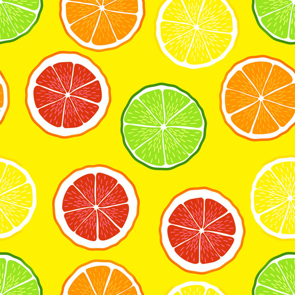  Orange, grapefruit, lemon, lime summer pattern. Seamless vector with slice of citrus fruits with yellow background. Juicy, sour fruits. For cocktail, print. - Vektori, kuva