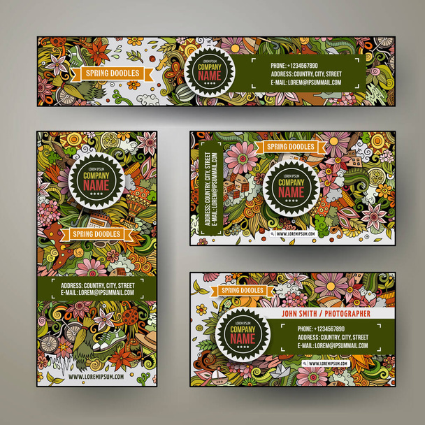 Corporate Identity vector templates set design with doodles hand drawn Spring theme. Colorful banner, id cards, flayer design. Templates set - Vektori, kuva