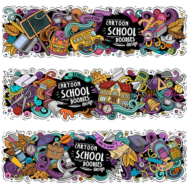 Cartoon cute colorful vector hand drawn doodles School compositions. 3 horizontal banners design. Templates set. All objects separate - Vector, Image