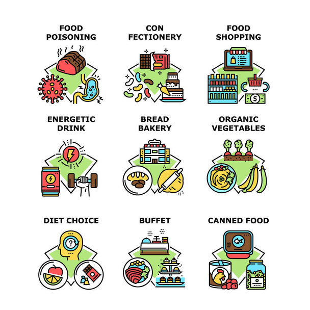 Nutrition Shopping Set Icons Vector Illustrations - Vektor, Bild