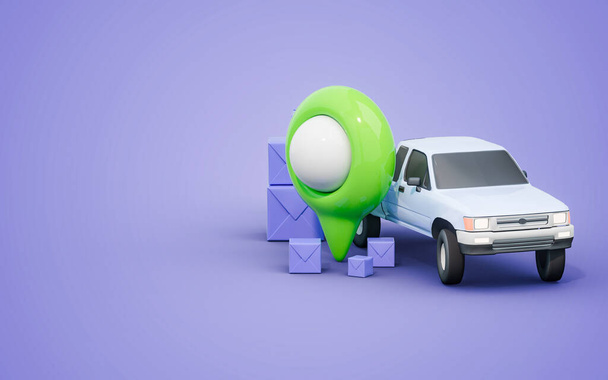 Ürün teslimat servisi kurye taşımacılığı kargo kamyonu ve konum işareti 3D canlandırma konsepti - Fotoğraf, Görsel