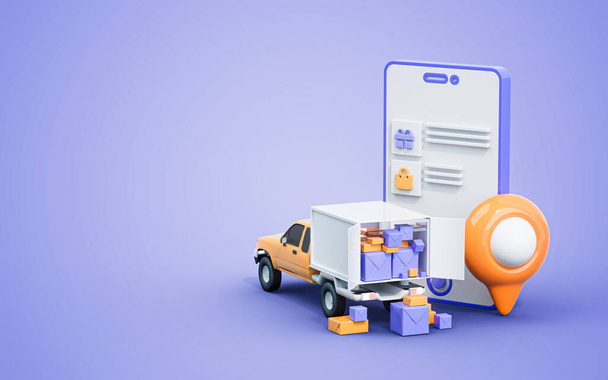 Produktlieferdienst Kuriertransport mit Lastkraftwagen und Ortsschild 3D-Renderkonzept - Foto, Bild