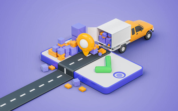 product delivery service koerier vervoer met vrachtauto en locatie teken 3d render concept - Foto, afbeelding