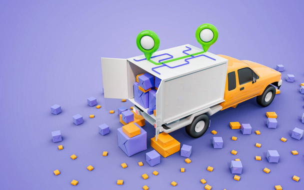 貨物トラックと位置情報付き商品配送サービス宅配便輸送3Dレンダリングコンセプト - 写真・画像