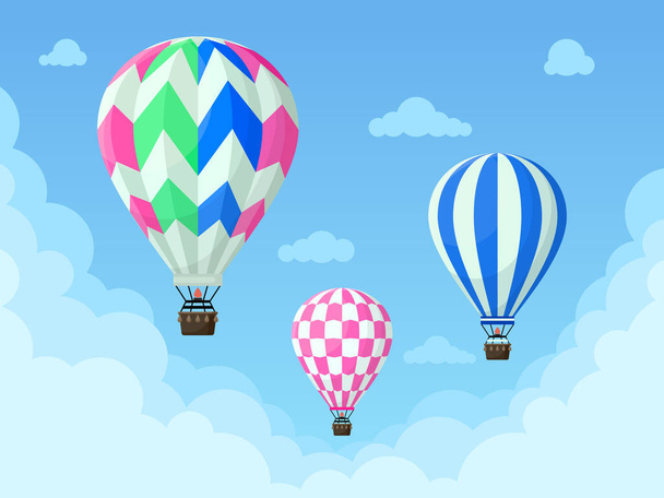Flying hot air balloons, colorful aerostat soars in blue sky. Vintage hot air balloon, stripped sky transport vector background illustration. Retro flying hot airy sphere - Vektor, Bild
