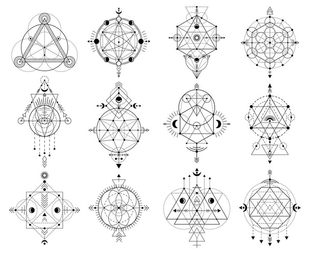 Sacred geometry figures, abstract mystic linear shapes. Mystical linear occult signs vector illustration set. Geometric sacred alchemy symbols - Vetor, Imagem
