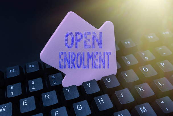 Text sign showing Open Enrolment. Word for allows the application of health insurance within the period Typing Hospital Records And Reports, Creating New Ebook Reading Program - Photo, Image