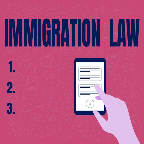 Hand writing sign Immigration Law. Word Written on Emigration of a citizen shall be lawful in making of travel Illustration Of Hand Using Smart Phone Texting New Important Messages. - Foto, immagini