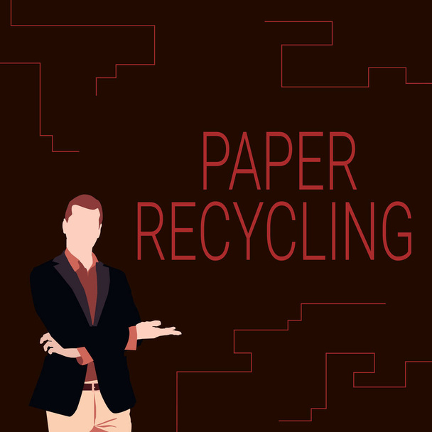 Inspiráló szöveg Papír újrahasznosítás. Word írt használ a hulladék papírok egy új módon újrahasznosításával őket illusztrációja üzletember visel kabát Bemutatja az új csodálatos ötletek. - Fotó, kép