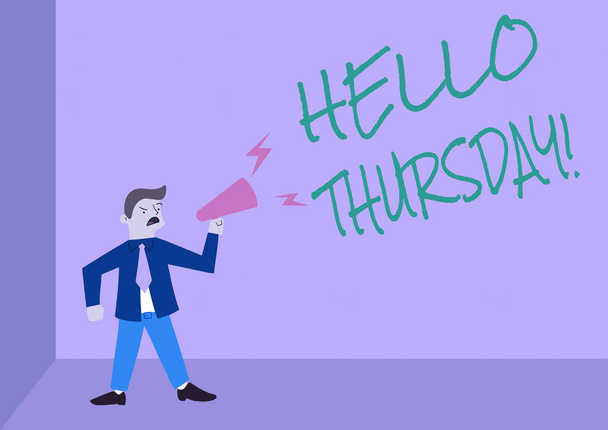 Az SMS-ben az áll: Hello Thursday. Üzleti ötlet pozitív üzenetet, mint a péntek s hírnök halad ember álló Kiabálás felett Megafon bemutatása Új közlemény. - Fotó, kép