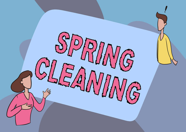 Text sign showing Spring Cleaning. Conceptual photo practice of thoroughly cleaning house in the springtime Lady Illustration Having Exploratory Conversation With Her Colleague. - Photo, Image