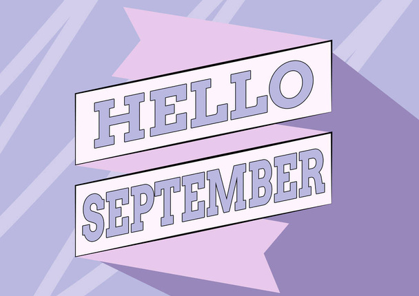 Text showing inspiration Hello September. Business concept Eagerly wanting a warm welcome to the month of September Folded Paper Sash Drawing In Zigzag Pattern. - Photo, Image