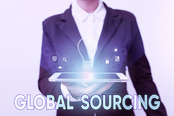Handwriting text Global Sourcing. Word for practice of sourcing from the global market for goods Woman In Suit Standing Using Device Showing New Futuristic Virtual Tech. - Foto, Bild