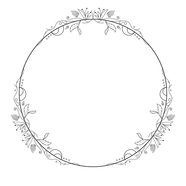 Abstract Black Simple Line Round Circle With Leaf Leaves Frame Flowers Doodle Outline Element Vector Design Style Sketch Isolated Illustration For Wedding And Banner - Vektör, Görsel