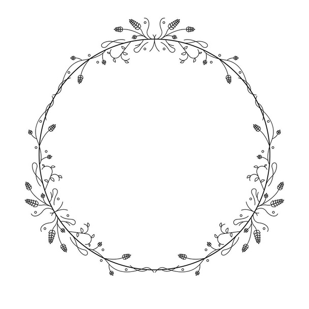 Abstract Black Simple Line Round Circle With Leaf Leaves Frame Flowers Doodle Outline Element Vector Design Style Sketch Isolated Illustration For Wedding And Banner - ベクター画像