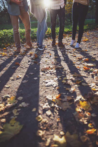 Gruppe junger Leute Studenten beim Spazierengehen Herbst Park - Foto, Bild