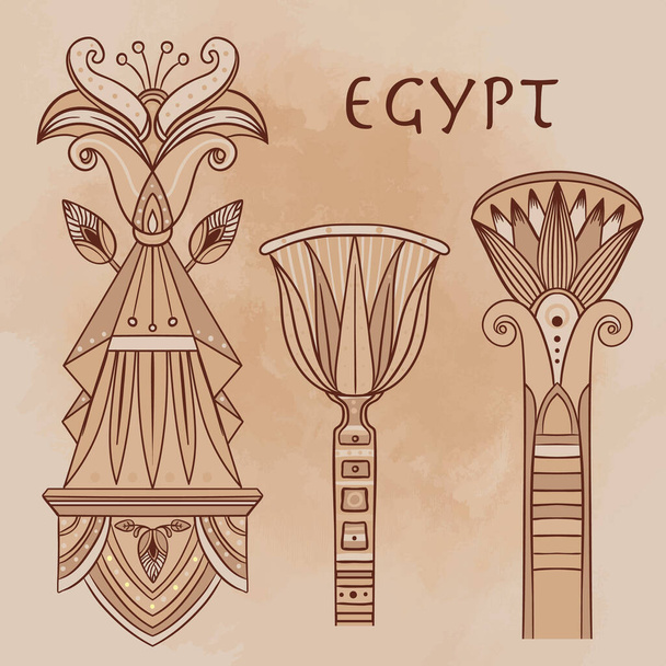 Egyptian floral design element set over beige grunge background. Lotus flower, vector sign, symbol, logo illustration. - Vector, Imagen
