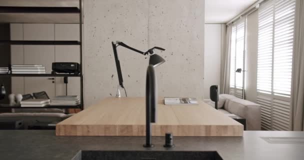 Μοντέρνο δωμάτιο κουζίνας σε μινιμαλιστικό διαμέρισμα με τραπεζαρία από φυσικό ξύλο - Πλάνα, βίντεο