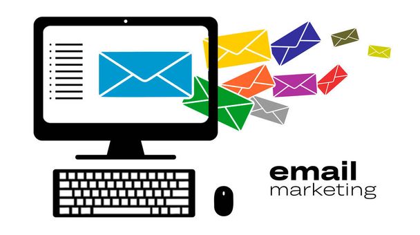 Campanha de email marketing, marketing de newsletter, marketing por gotejamento, conceito de banner plano de email marketing com ícones. - Vetor, Imagem