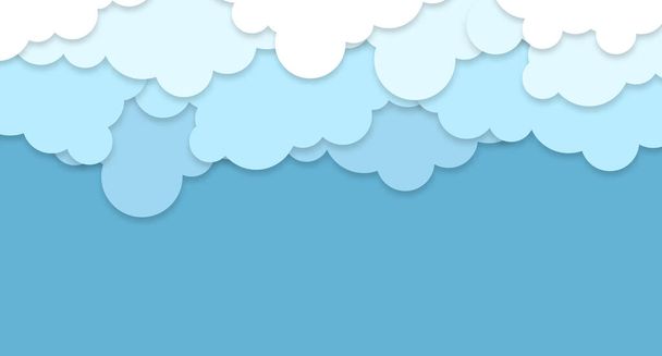 Mavi arka planda beyaz bulutlar. Vektör kağıt bulutları. Mavi gökyüzü kağıdındaki beyaz bulut tasarımı kesti. Vektör kağıt çizimi. Kağıt kesim stili. Metin için yer. - Vektör, Görsel