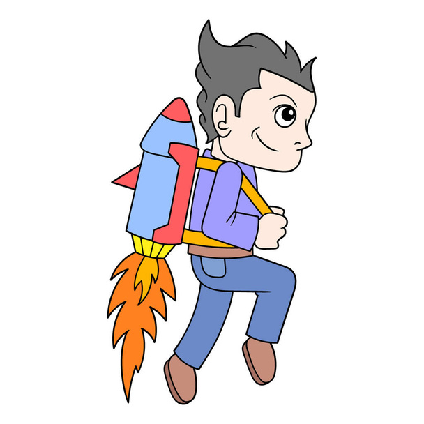 boy is using a rocket on his back flying into the sky, vector illustration art. doodle icon image kawaii. - ベクター画像