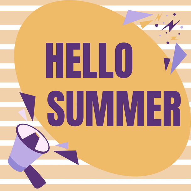 Text caption presenting Hello Summer. Business idea Welcoming the warmest season of the year comes after spring Megaphone Drawing Speaking To Chat Cloud Making Announcement. - Photo, Image