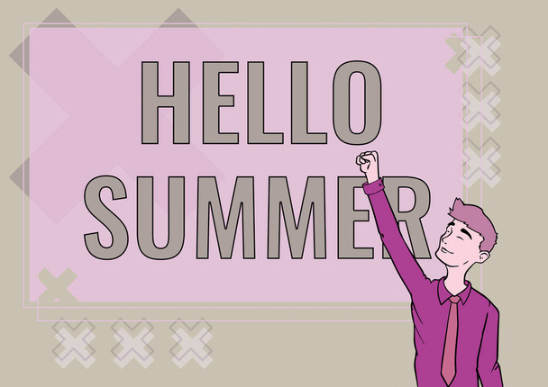 Hand writing sign Hello Summer. Business concept Welcoming the warmest season of the year comes after spring Happy Man Illustration Standing Infront Board Raising Hands For Sucess. - Photo, Image