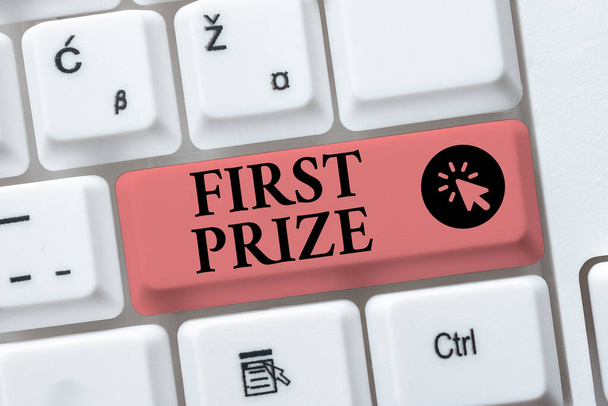 Sign displaying First Prize. Business showcase most coveted prize that is only offered to the overall winner Abstract Programmer Typing Antivirus Codes, Retyping Debug Codes - Photo, Image