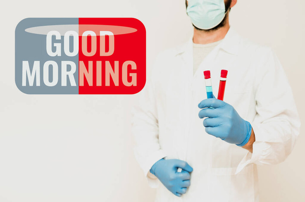 Handwriting text Good Morning. Business overview A conventional expression at meeting or parting in the morning Research Scientist Comparing Different Samples, Doctor Displaying Cure - Foto, immagini