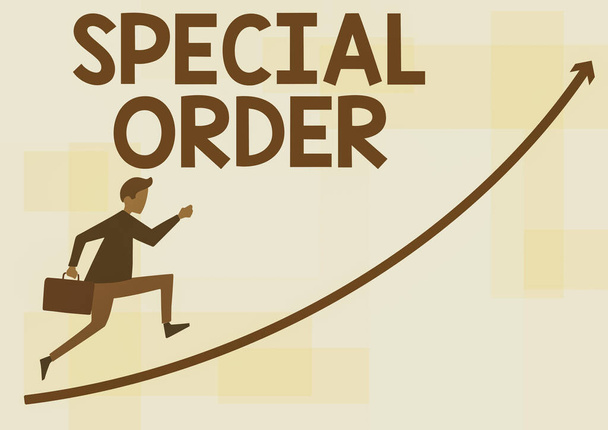 Hand writing sign Special Order. Business overview Specific Item Requested a Routine Memo by Military Headquarters Businessman Running Upward Holding Briefcase With Arrow Pointing Up. - Foto, immagini