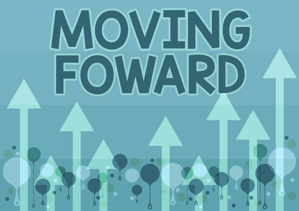 Inspiratie toont teken Moving Foward. Zakelijke aanpak op weg naar een punt Doorgaan naar verdere vooruitgang Vooruitgang Illustratie van een lange pijl die soepel naar de hemel zweeft - Foto, afbeelding