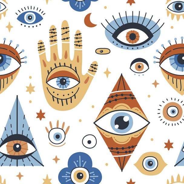 Naadloos patroon ontwerp met Evil Eye, Hamsa, Hand van Fatima. - Vector, afbeelding