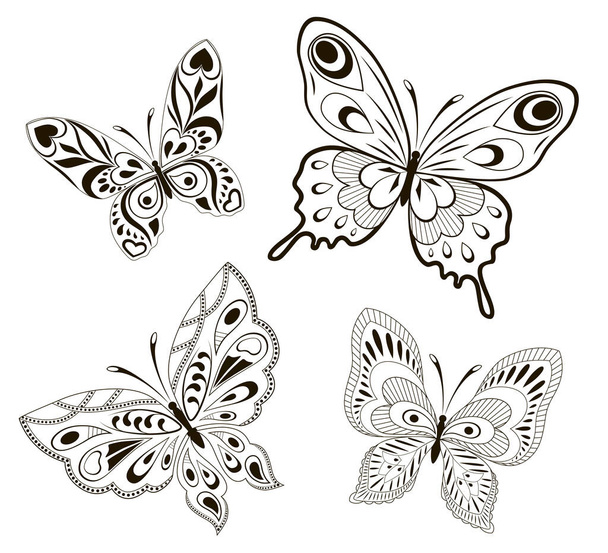 Vector background with the image set of black and white butterflies in the form of a tribal tattoo - Vetor, Imagem