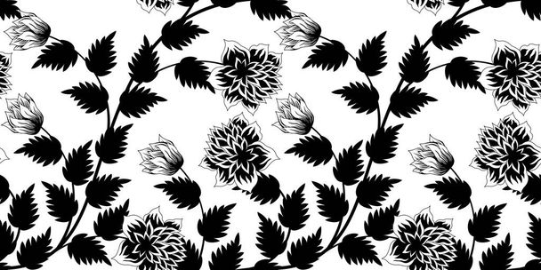 Bloemen en bladeren naadloze achtergrond in zwart-wit. Voorraadvector illustratie - Vector, afbeelding