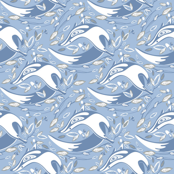 Fox on a blue background, with mushrooms and berries, with leaves seamless pattern. Ideal for baby clothes, fabric, textile, baby decoration, wrapping paper - Вектор,изображение