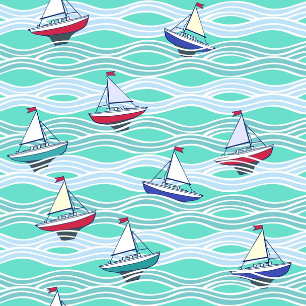 patrón sin costuras con barcos en un mar, motivo marino para el bebé - Vector, imagen