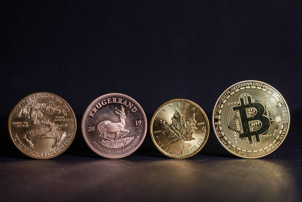 golden bitcoin coin stands next to a Krugerrand coin and a gold dollar and canadian maple leaf coins - Foto, Imagem