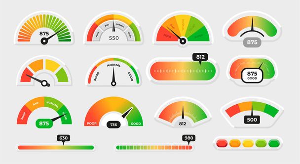 Meter level. Score measure graphic dial with different colors. Speedometer gauge indicator or customer satisfaction metering graph. Progress scale with arrows. Vector infographics set - Vector, Image