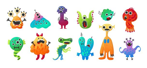 Alien monster. Cartoon baby space creature characters. Friendly beast mascot. Scary mutants collection. Colorful gremlins and goblins with eyes. Comic demons. Vector virus pathogens set - Vetor, Imagem