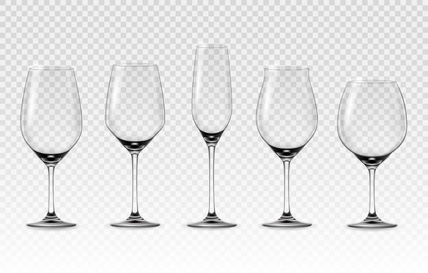 Una copa de vino realista. Cristal transparente vacío brillante de alta y redonda de las gafas de vino. Vasos 3D para bebidas alcohólicas de uva. Utensil limpio para servir bebidas. Conjunto de vajilla aislada vectorial - Vector, Imagen