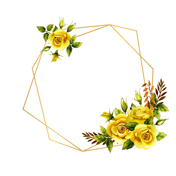 Cadre géométrique en or avec un bouquet de roses jaunes aquarelle - Photo, image
