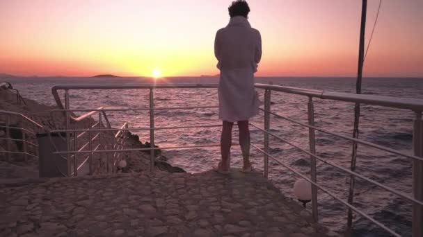 Visão traseira do homem em pé no ponto de observação olhando para o pôr do sol sobre o oceano e falando no celular - Filmagem, Vídeo