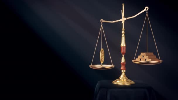 Hanging Balance Scale with a cryptocurrency and golden bars. Bitcoin vs golden bars price comparison. 4K seamless loopable 3D animation with a Golden traditional balance scale on a black background. - Video