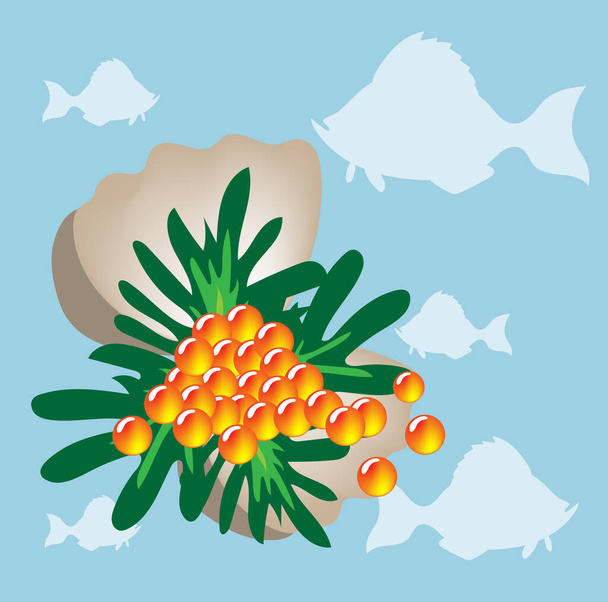 Caviar of red fish on twigs of greenery in a shell against the background of the sea and fish - Vector, imagen