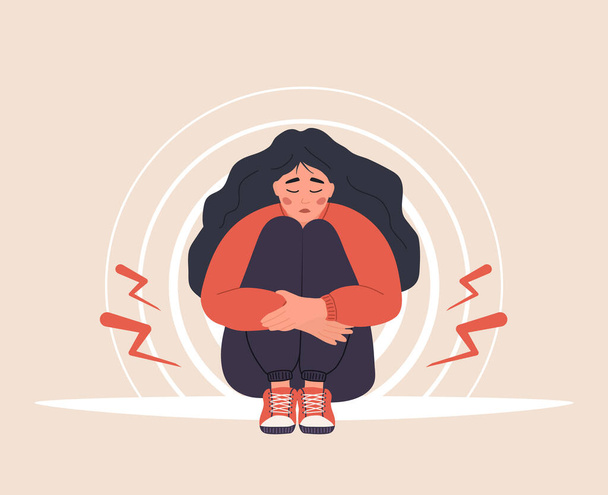 Menstrual pain. Sad woman with abdominal cramps or pms symptoms. Female critical day problems. Vector illustration in flat cartoon style - Vector, Image