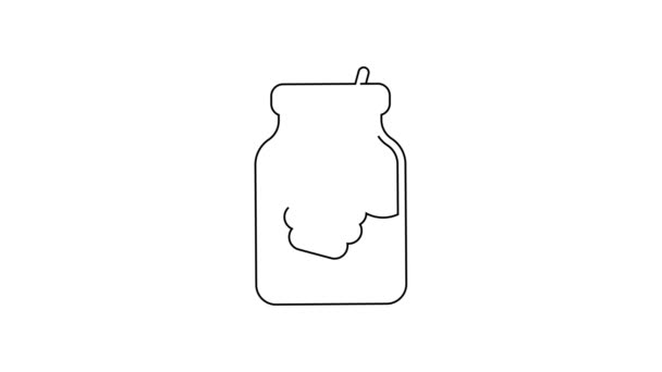 Linha preta Jar de mel e mel dipper vara ícone isolado no fundo branco. Banco de alimentos. Doce símbolo de comida natural. Concha de mel. Animação gráfica em movimento de vídeo 4K - Filmagem, Vídeo