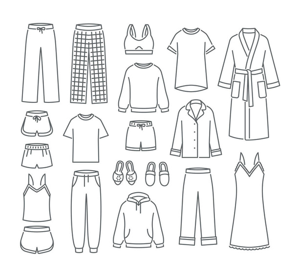 Γυναικεία ρούχα. Απλή επίπεδη λεπτή γραμμή διανυσματικά εικονίδια. Άνετα ενδύματα loungewear για να φορέσει στο σπίτι. Παντελόνια, πουκάμισα, πιτζάμες, μπουρνούζι, μπλούζες, φόρμες και παντόφλες. Περίγραμμα ελάχιστων συμβόλων - Διάνυσμα, εικόνα