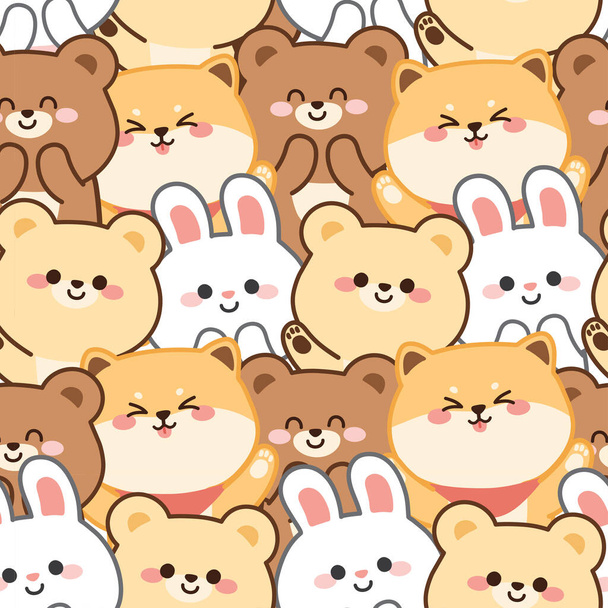 Repeat.Seamless pattern of cute animals cartoon background.Character design.Bear,dog,rabbit hand drawn.Image for wallpaper,banner,card,baby cloth,gift paper wrap.Kid graphic.Kawaii.Vector.Illustration. - Vettoriali, immagini